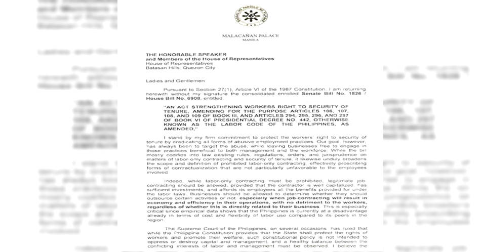 DOLE to file new draft of SOT bill by Monday after Duterte veto